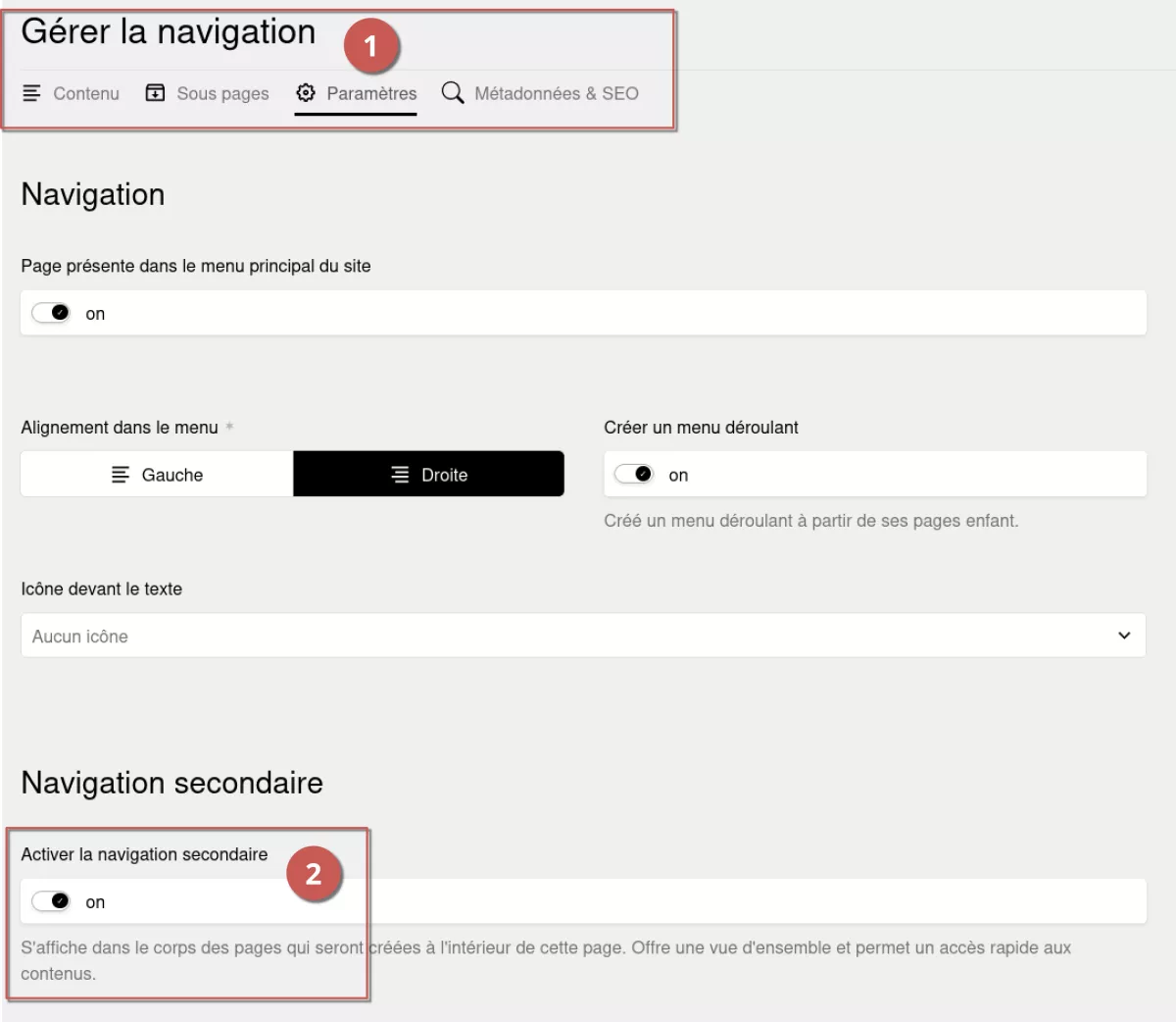 Onglet paramètres de la page "gérer la navigation" avec son option de navigation secondaire, annoté.