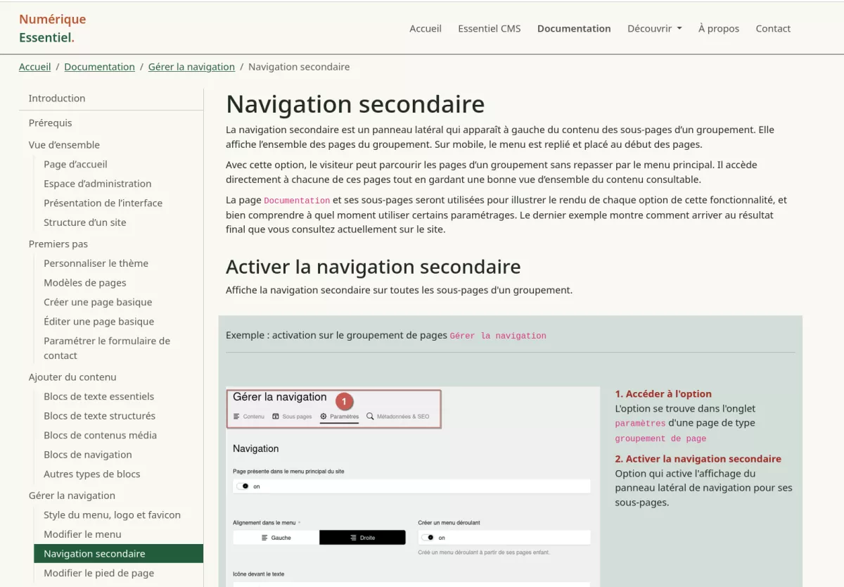 Rendu de la navigation secondaire de la documentation