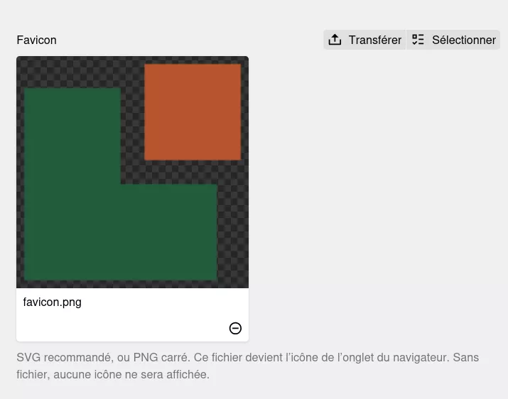 Ajout d’un favicon dans l’espace d’administration, onglet « Menu et logo » sélectionné.