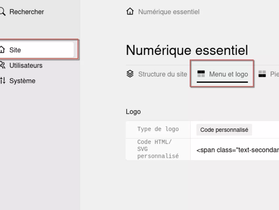 La fiche du site dans l’espace d’administration, onglet « Menu et logo » sélectionné.