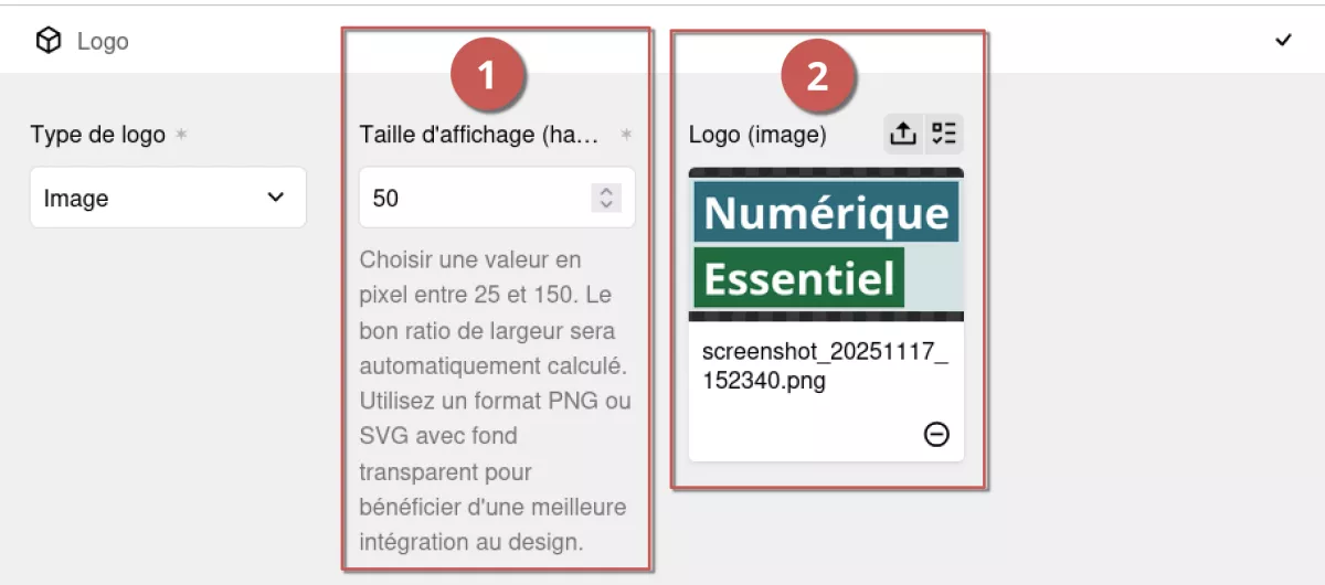 Édition du logo de type image dans l’espace d’administration, annoté