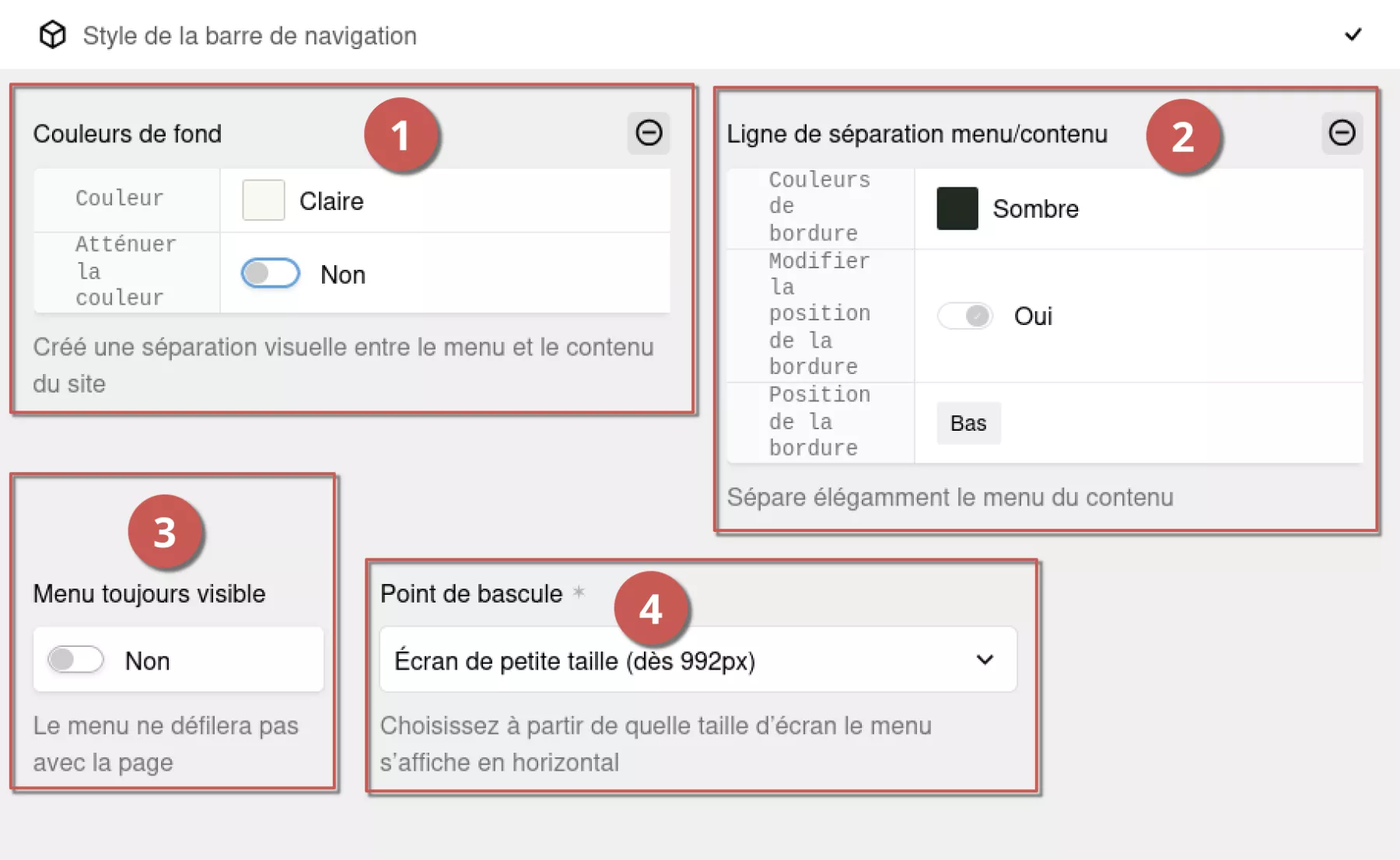 Édition du style de la barre de navigation dans l’espace d’administration, annoté