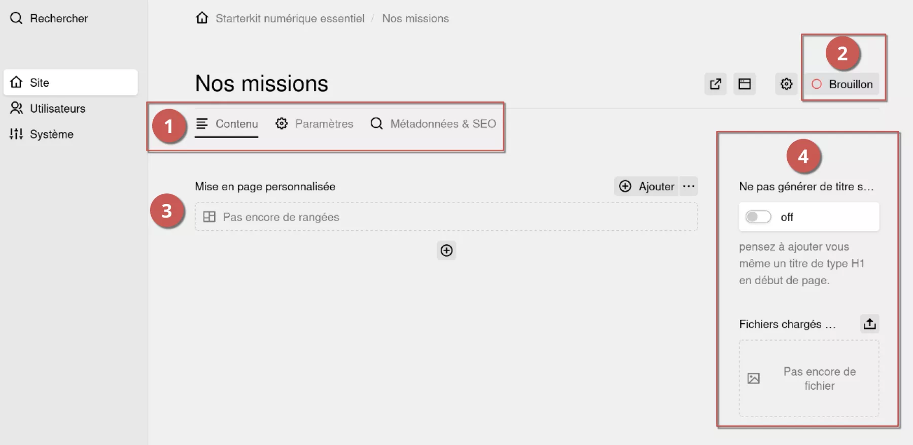 Page « Nos missions » avec sections numérotées, pour une explication détaillée.