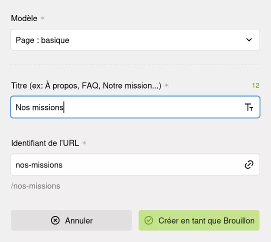 Fenêtre de création d’une nouvelle page basique « nos missions »