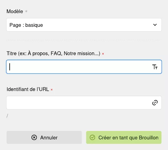 Fenêtre de création de page de l’espace d’administration