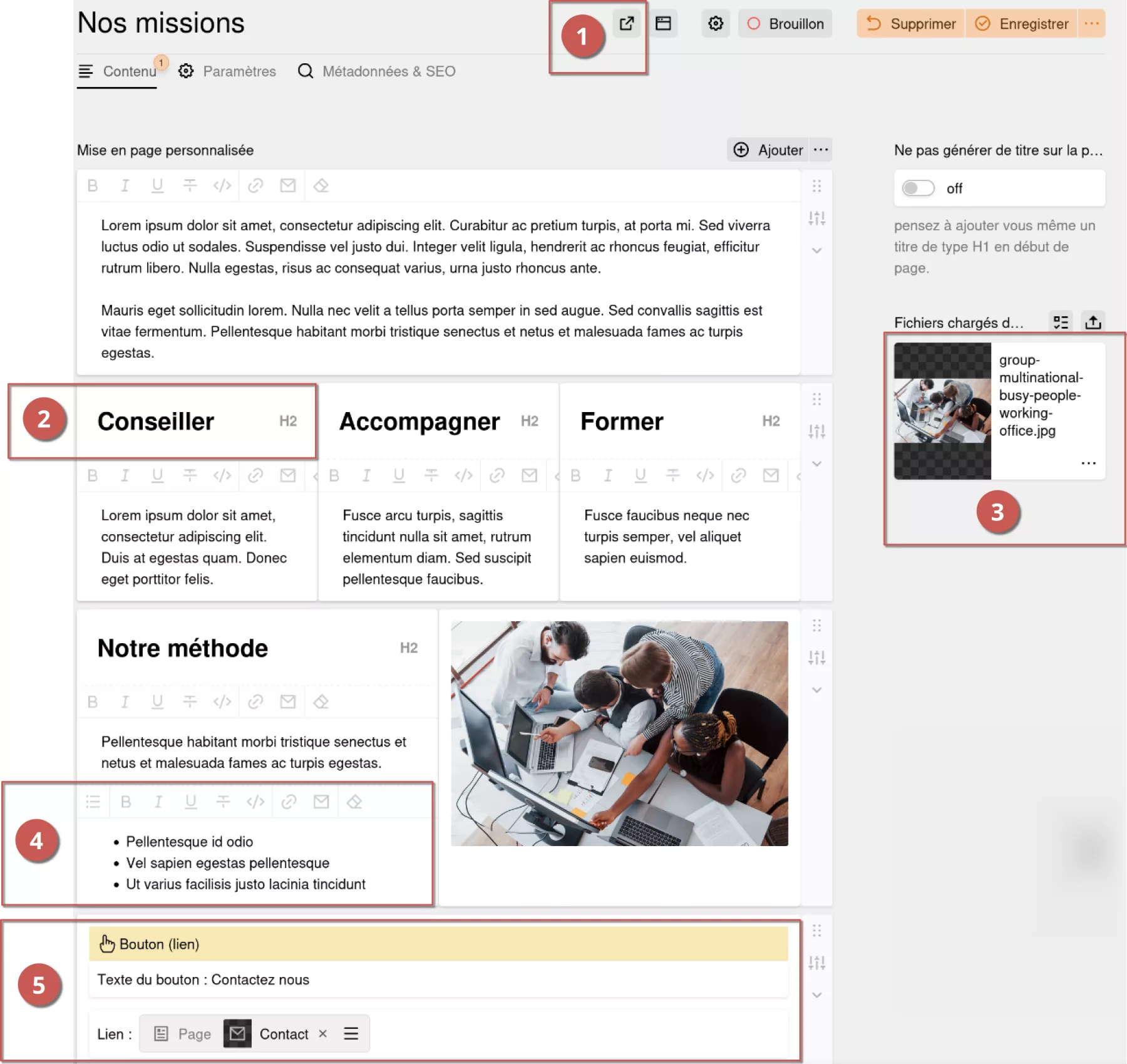 Page « Nos missions » avec tous ses blocs de contenus, annoté