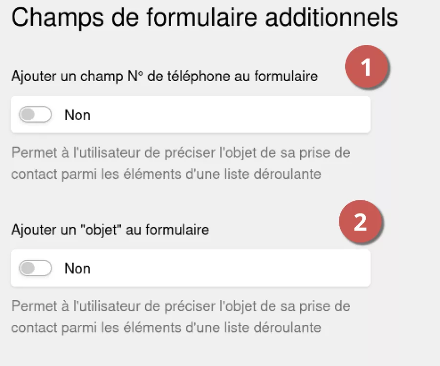 Configuration des champs de formulaires : numéro de téléphone et objet