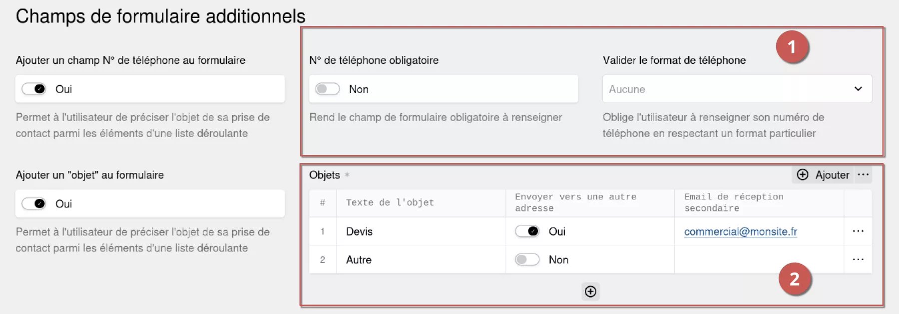 Activation des champs de formulaires : numéro de téléphone et objet