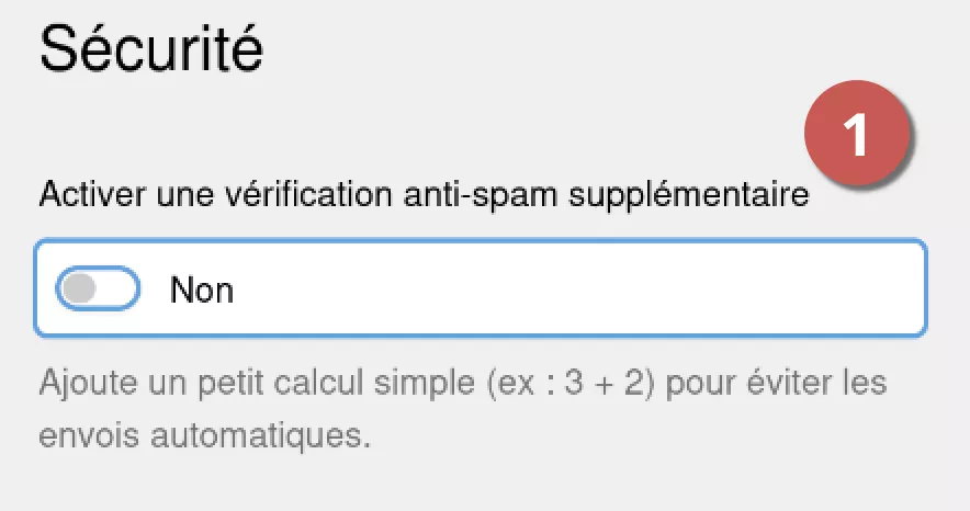 Option de sécurité du formulaire (anti-spam) : calcul simple