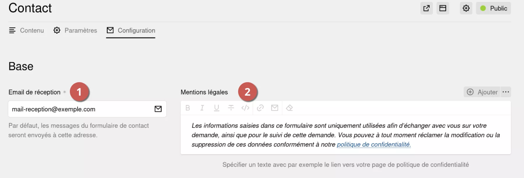 Onglet « Configuration » avec annotations pour la configuration de base du formulaire de contact