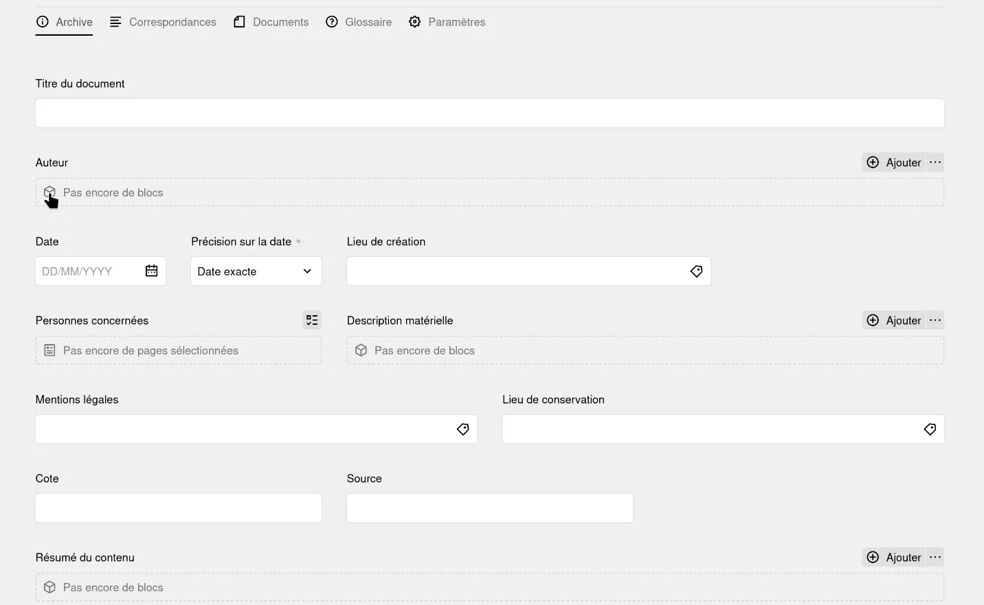 Espace d'administration pour la gestion d'une archive