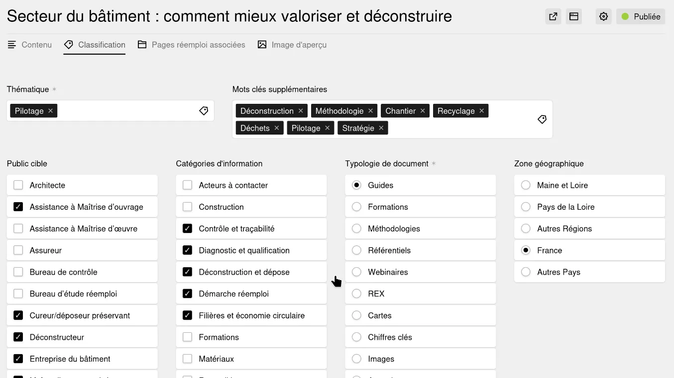 Classification des ressources dans l'espace d'administration