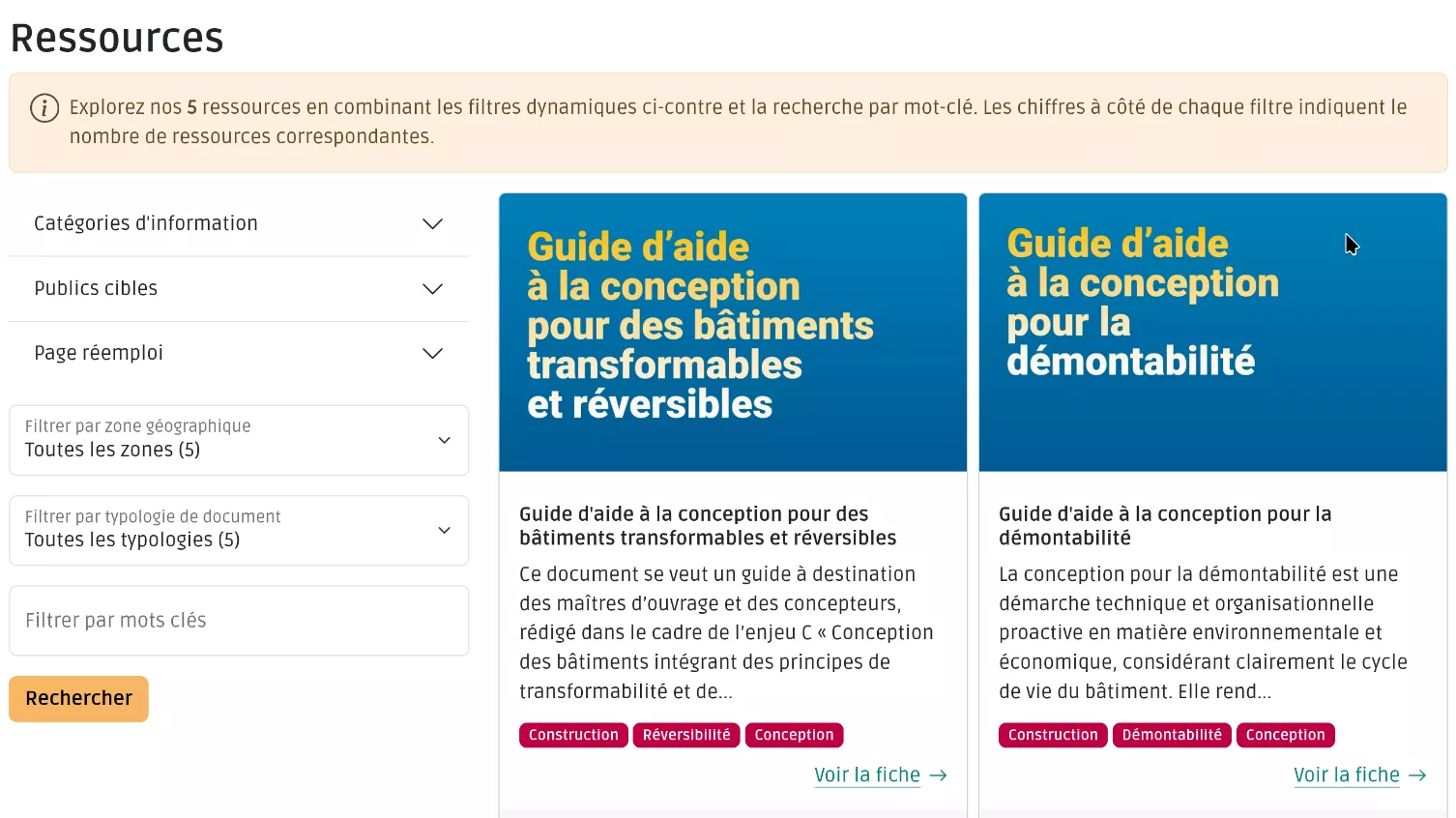 Vue d'ensemble de la page "moteur de recherche" du centre de ressources